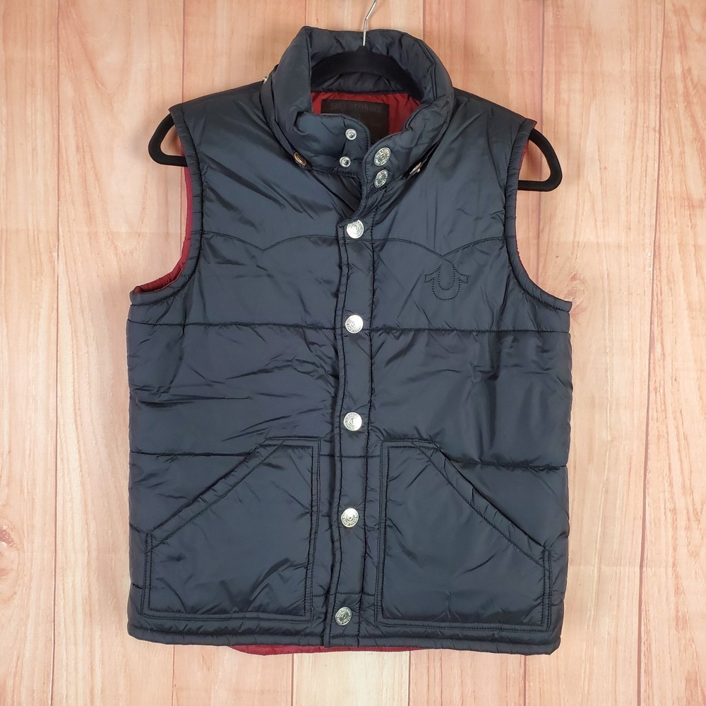 True Religion Mens Puffer Vest Medium Black 100% Nylon Sleeveless Button Up‎